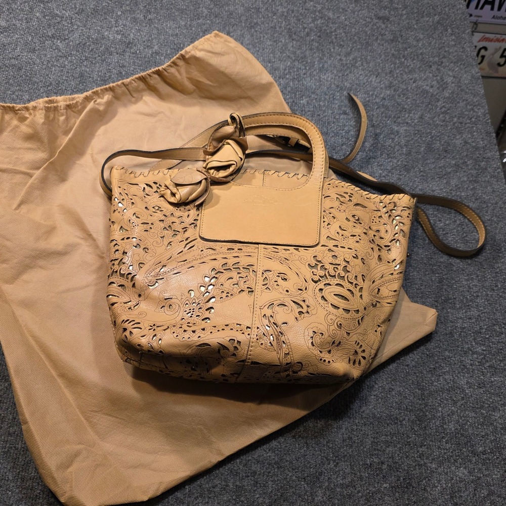 Patricia Nash Vilani Laser Lace Leather Tote Handbag Rose Gold Metallic Underlay